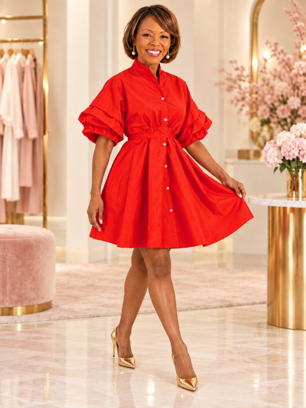 Red Silk Blend A-Line Mini Dress Mandarin Collar Dolman Sleeves